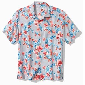Tommy Bahama Mens XL Cape Hibiscus Dark Gravel Silk Hawaiian Camp Shirt‎ NWT